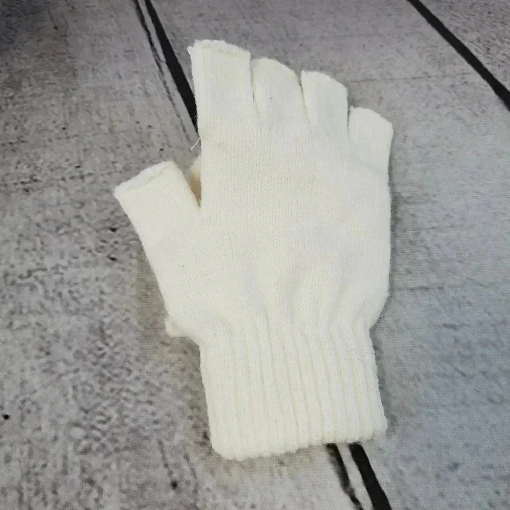 White Knit hat with Super Pom and Faux Pearl Accents Hat and Fingerles Glove set
